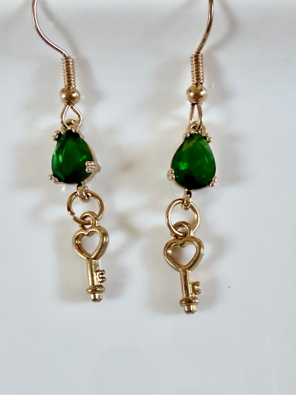 Gold-Tone Heart Key Drop Earrings with Emerald Teardrop Stones